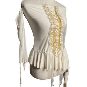 Co-me Como Women’s Large Asymmetrical Beaded Top White Off-Shoulder Fairy VTG